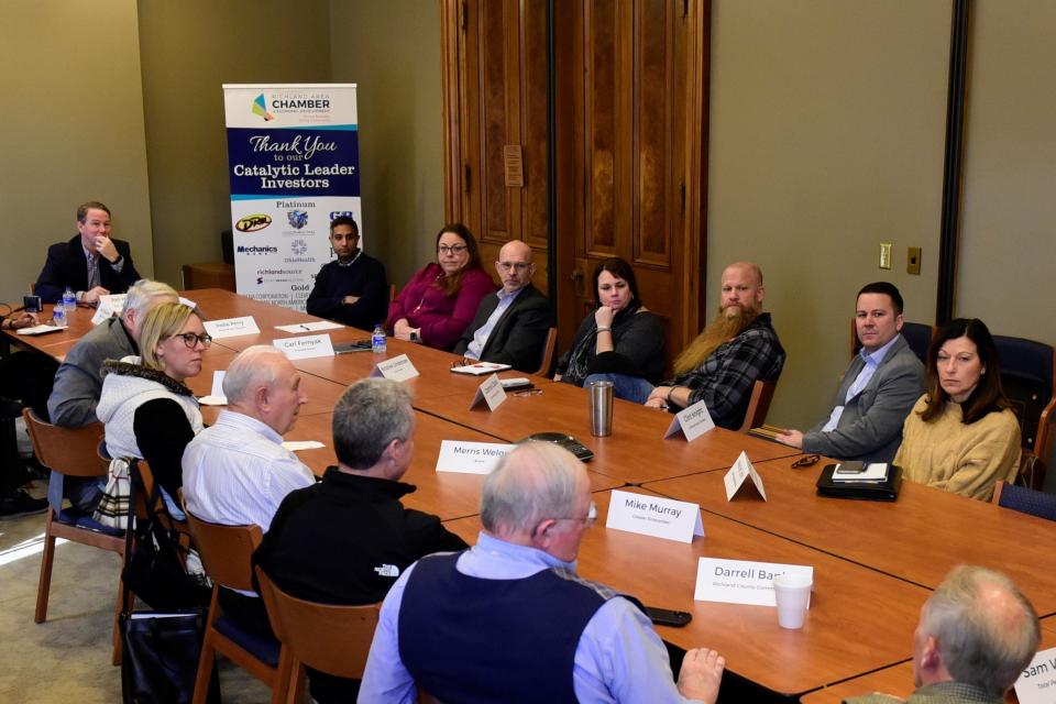 Ohio Lt. Gov. Jon Husted, at left, talked about the state's future and heard from community leaders during a Thursday visit to the Richland Area Chamber and Economic Development office in Mansfield.