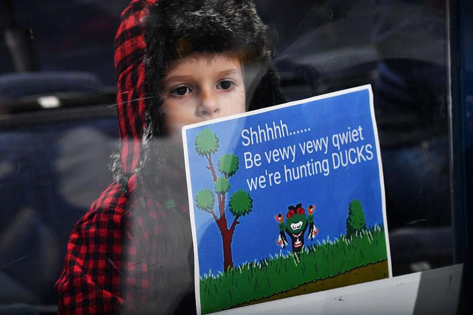 COLUMBUS, OH - NOVEMBER 9: A young fan displays a sign during pregame warmups prior to a game between the Columbus Blue Jackets and the Anaheim Ducks on November 9, 2016 at Nationwide Arena in Columbus, Ohio. (Photo by Jamie Sabau/NHLI via Getty Images)