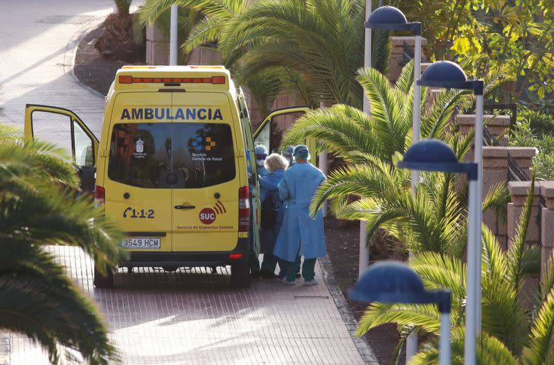 A tourist affected by "coronavirus" is transferred to a hospital from the hotel H10 Costa Adeje Palace, which is on lockdown after novel coronavirus has been confirmed in Adeje