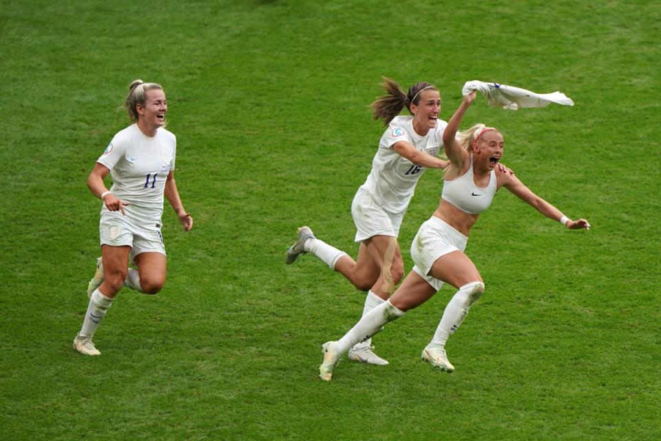 Chloe Kelly, right, celebrates her winner at Wembley last summer (Joe Giddens/PA) (PA Archive)