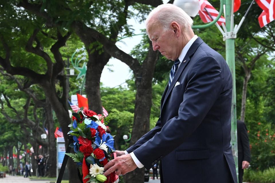 US President Joe Biden visits the John Sidney McCain III Memorial in Hanoi on September 11, 2023. (Photo by SAUL LOEB/AFP via Getty Images)