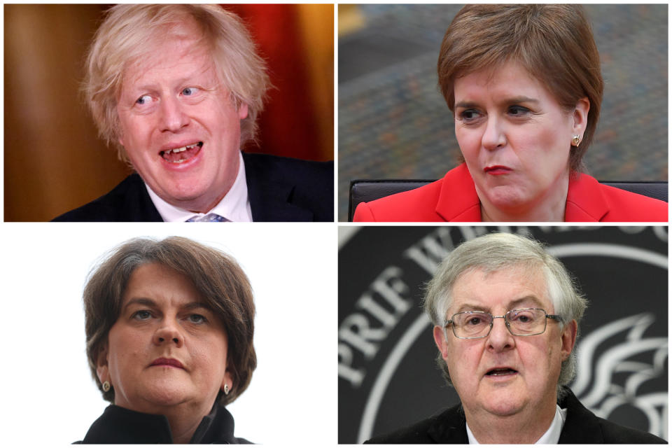 Clockwise from top left, the leaders who have set out how their nations will leave lockdown: Boris Johnson, Nicola Sturgeon, Mark Drakeford and Arelene Foster. (Getty Images)