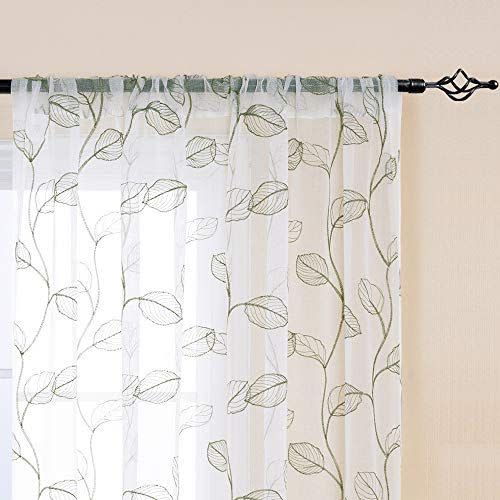 4) Sage Sheer Curtains for Living Room Leaf Embroidered Pole Top Window Curtain Drapes Botanical Geometric Embroidery Semi-Sheer Curtains for Bedroom 2 Panels 72 inch