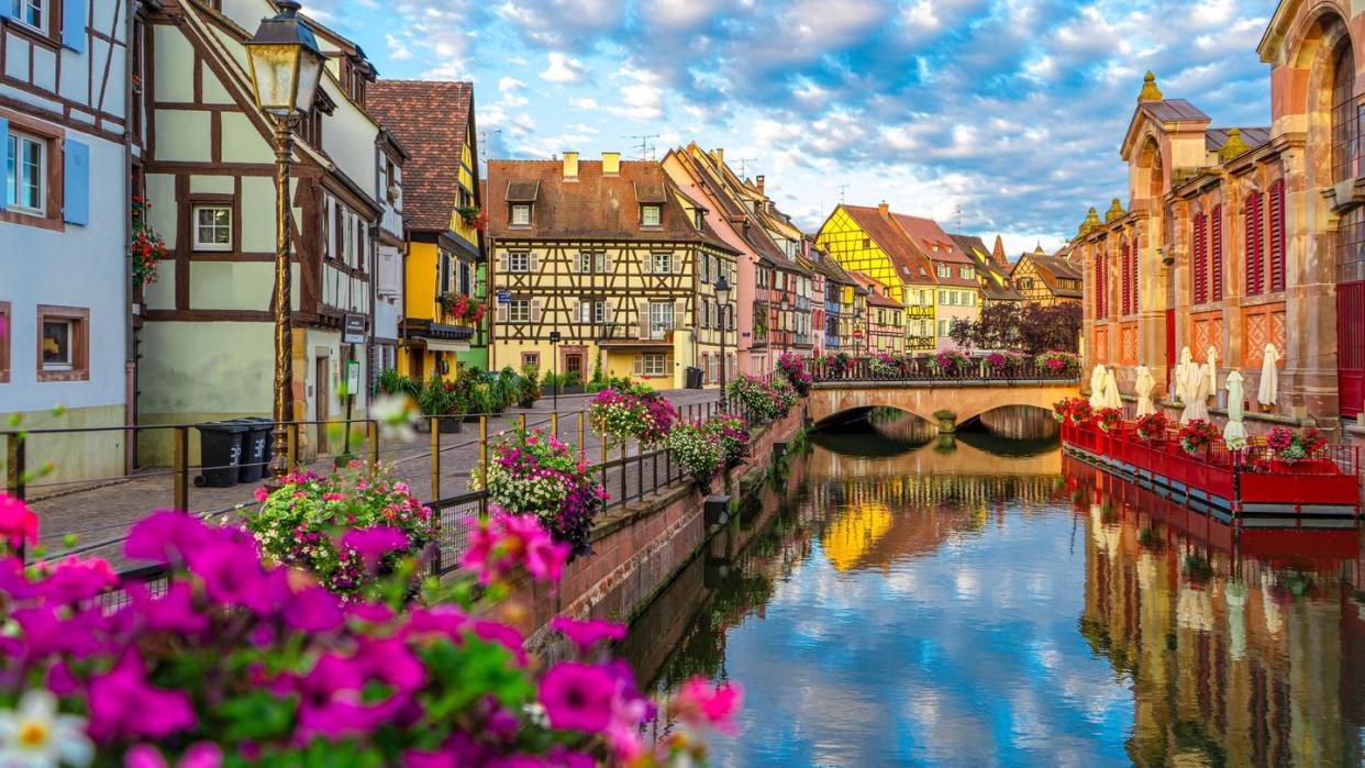 spectacular colorful traditional french houses on the side of river lauch in petite venise,colmar,france