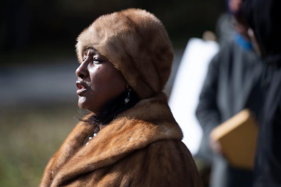 Angela Aiken, New Washington Heights community association spokesperson, speaks out against the Greenlink bus hub that is being built on the site of the former Washington High School in the neighborhood during a protest on Monday, Nov. 14, 2022.