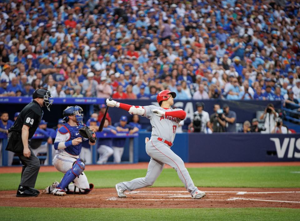 Los Angeles Angels designated hitter Shohei Ohtani bats against the Blue Jays in the first of a three-game series, in Toronto, on July 29, 2023.