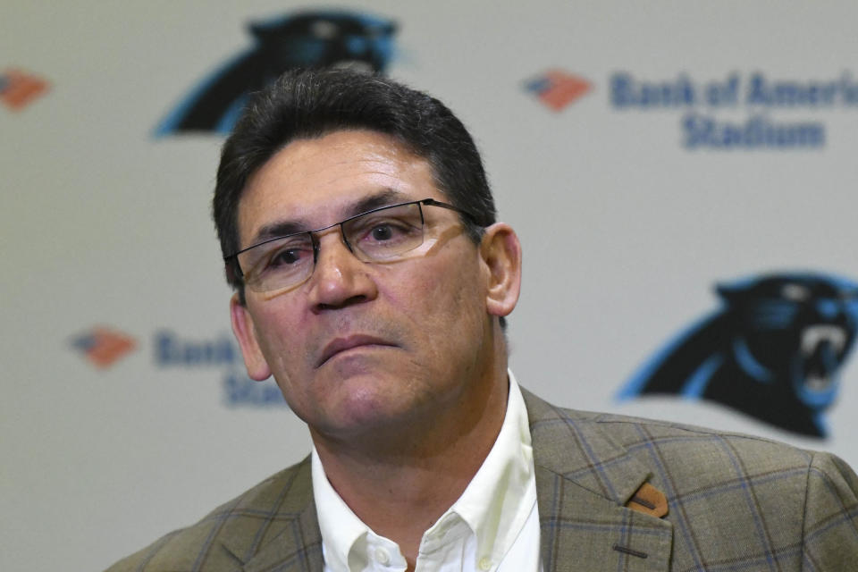 Former Carolina Panthers NFL football head coach Ron Rivera ponders a question during a press conference at Bank of America Stadium in Charlotte, N.C., Wednesday, Dec. 4, 2019. Rivera was fired as coach on Tuesday. (David T. Foster III/The Charlotte Observer via AP)