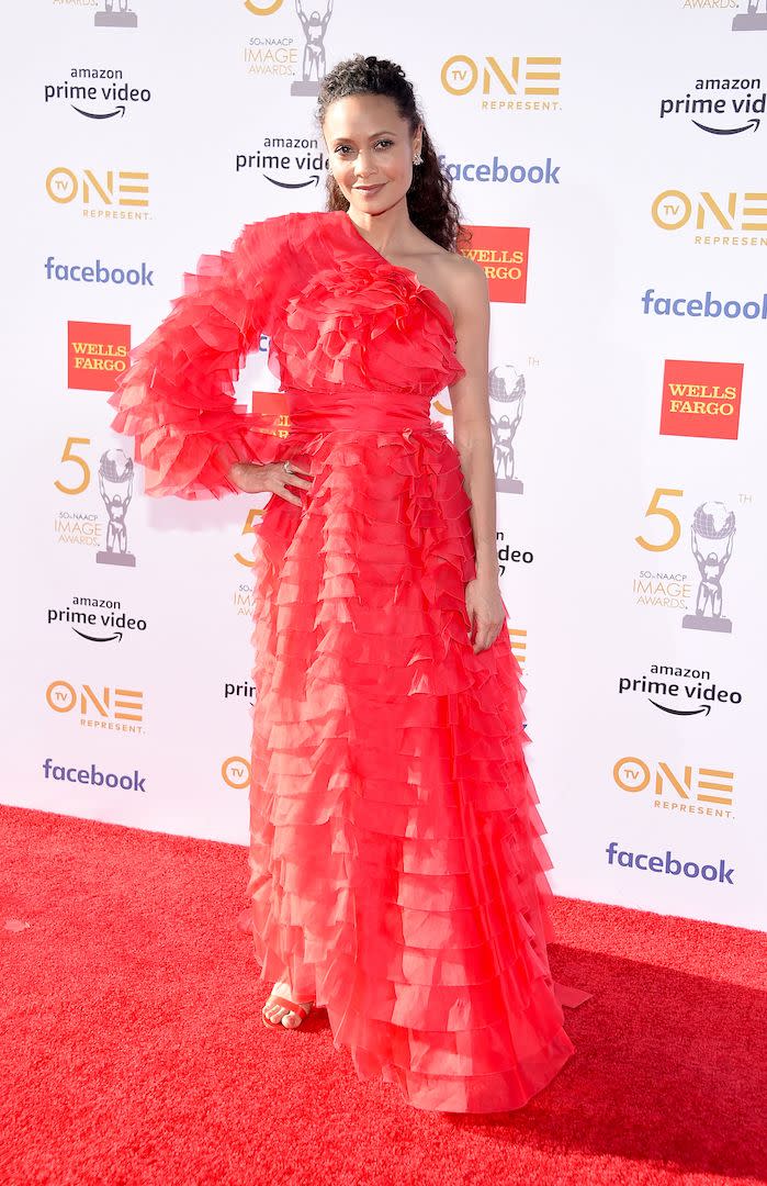 <p>The actress chose hot red Valentino ruffles for the prestigious red carpet event. <em>[Photo: Getty]</em> </p>