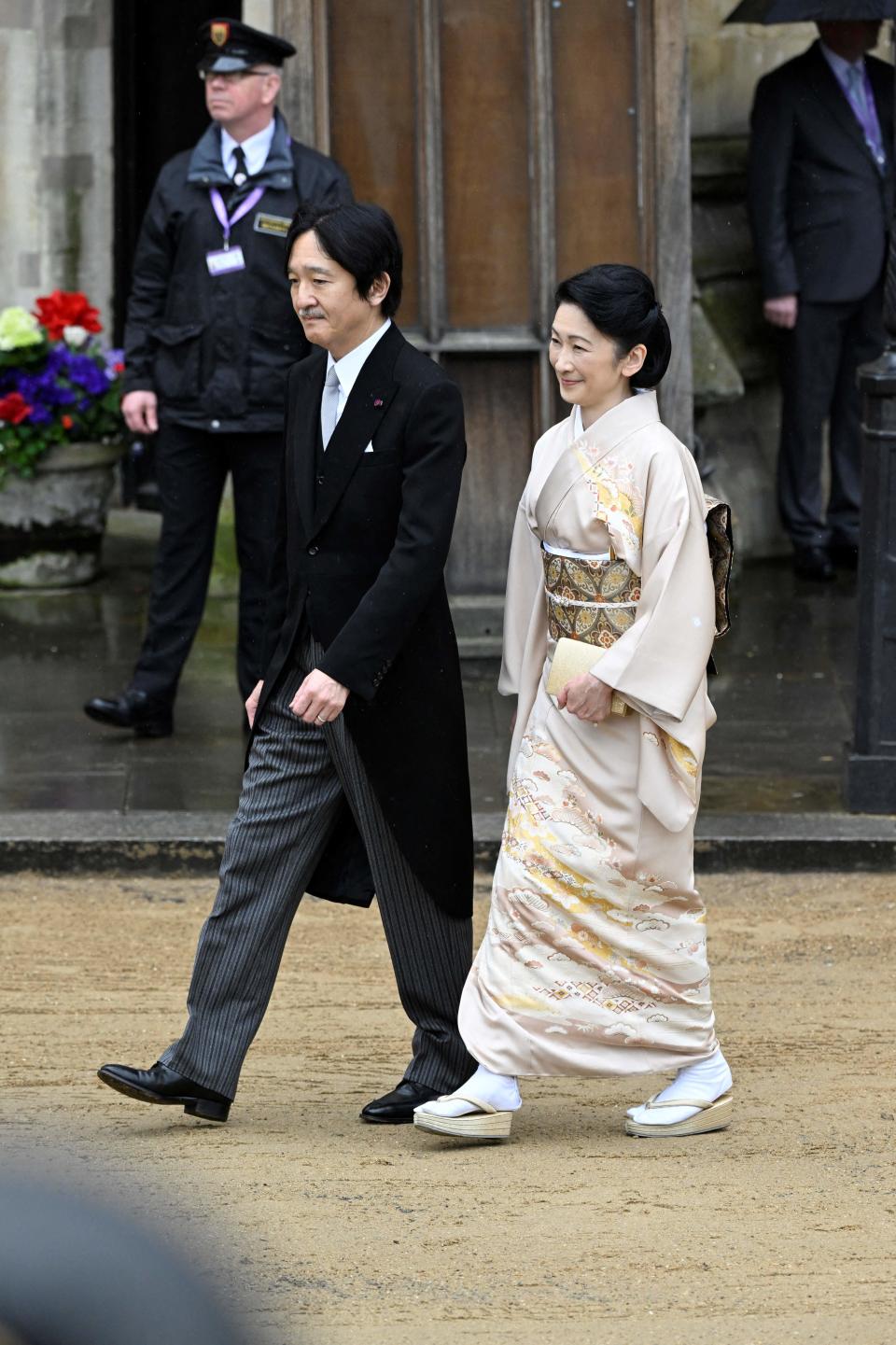 Crown Prince Fumihito of Japan and Crown Princess Kiko arrive at Westminster Abbey in central London on May 6, 2023, ahead of the coronations of Britain's King Charles III and Britain's Camilla, Queen Consort.