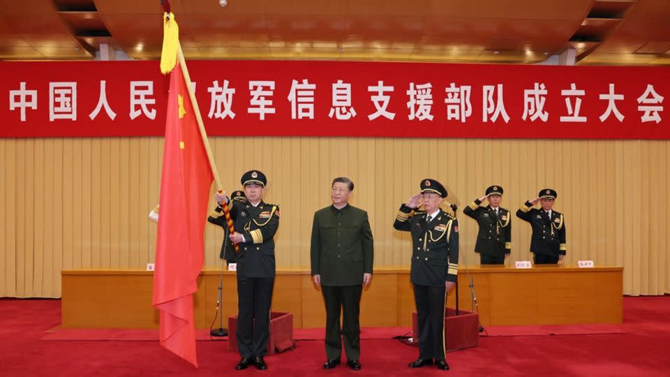 Chinese leader Xi Jinping oversees the inauguration of the Information Support Force of the People's Liberation Army at a ceremony in Beijing on April 19, 2024. - Xinhua News Agency