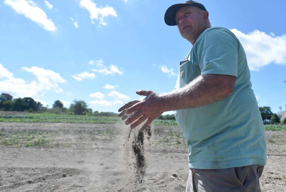 Cape Cod Organic Farm's Tim Friary tests a handful of dry soil from his potato field at his Barnstable farm recently. The drought conditions this summer have hurt the yield of many of his crops, especially the potatoes. He's says climate change is here, and it is bringing with it 'big' events, like this season's severe to critical drought. Steve Heaslip/Cape Cod Times