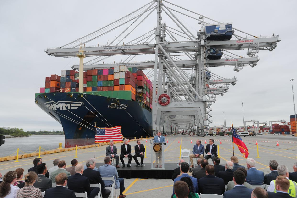 Georgia Governor Brian Kemp speaks during a special visit to the Port of Savannah along with Congressmen Buddy Carter, Mike Collins, and Sam Graves on Monday, March 25, 2024.