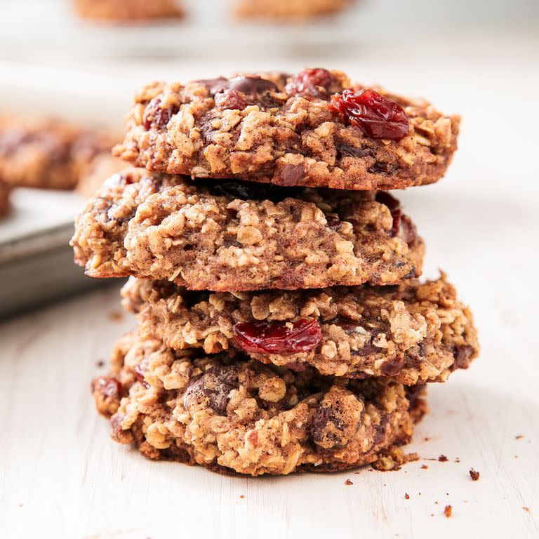 <p>The cookie is mostly high-fiber oats, with just 1/4 cup whole-wheat flour—there are no ultra-refined starches here. But a cookie isn’t a cookie unless it’s a little naughty, so we added some quality dark chocolate chunks and tart dried cherries for the perfect bite. Everything in moderation!<br><br>Get the <strong><a href="https://www.delish.com/cooking/recipe-ideas/a25430038/healthy-oatmeal-cookies-recipe/" rel="nofollow noopener" target="_blank" data-ylk="slk:Healthier Oatmeal Cookies recipe;elm:context_link;itc:0;sec:content-canvas" class="link ">Healthier Oatmeal Cookies recipe</a></strong>.</p>