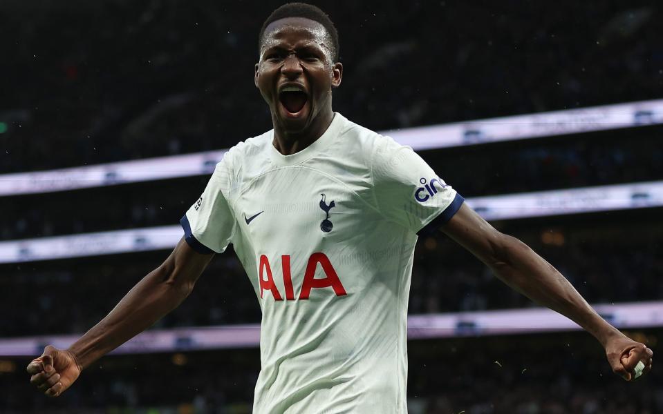 Pape Matar Sarr of Tottenham celebrates his 1st goal during the Premier League match between Tottenham Hotspur and Brighton & Hove Albion at Tottenham Hotspur Stadium on February 10, 2024