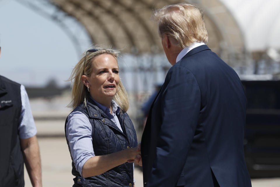 President Trump greets then-Homeland Security Secretary Kirstjen Nielsen on Friday. (AP Photo/Jacquelyn Martin)