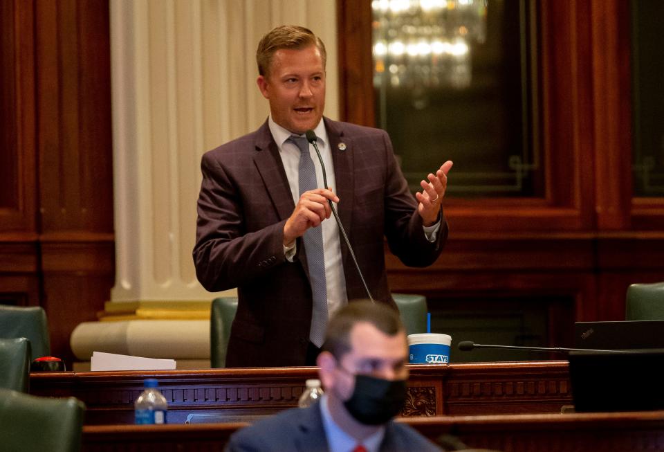 Illinois State Rep. CD Davidsmeyer, R-Jacksonville, expresses his opposition to Senate Bill 2408, a comprehensive energy proposal, on the floor of the Illinois House of Representatives at the Illinois State Capitol in Springfield, Ill., Thursday, September 9, 2021. [Justin L. Fowler/The State Journal-Register] 