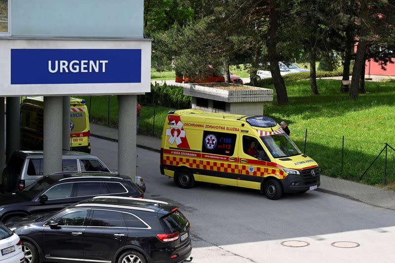 An ambulance leaves the F.D. Roosevelt University Hospital, where Slovak Prime Minister Robert Fico is hospitalised