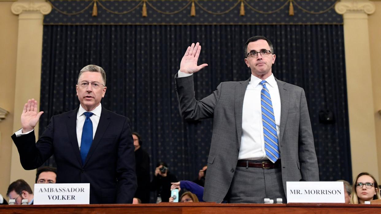 Kurt Volker and Tim Morrison are sworn in before giving testimony in the impeachment hearings into Donald Trump: AP