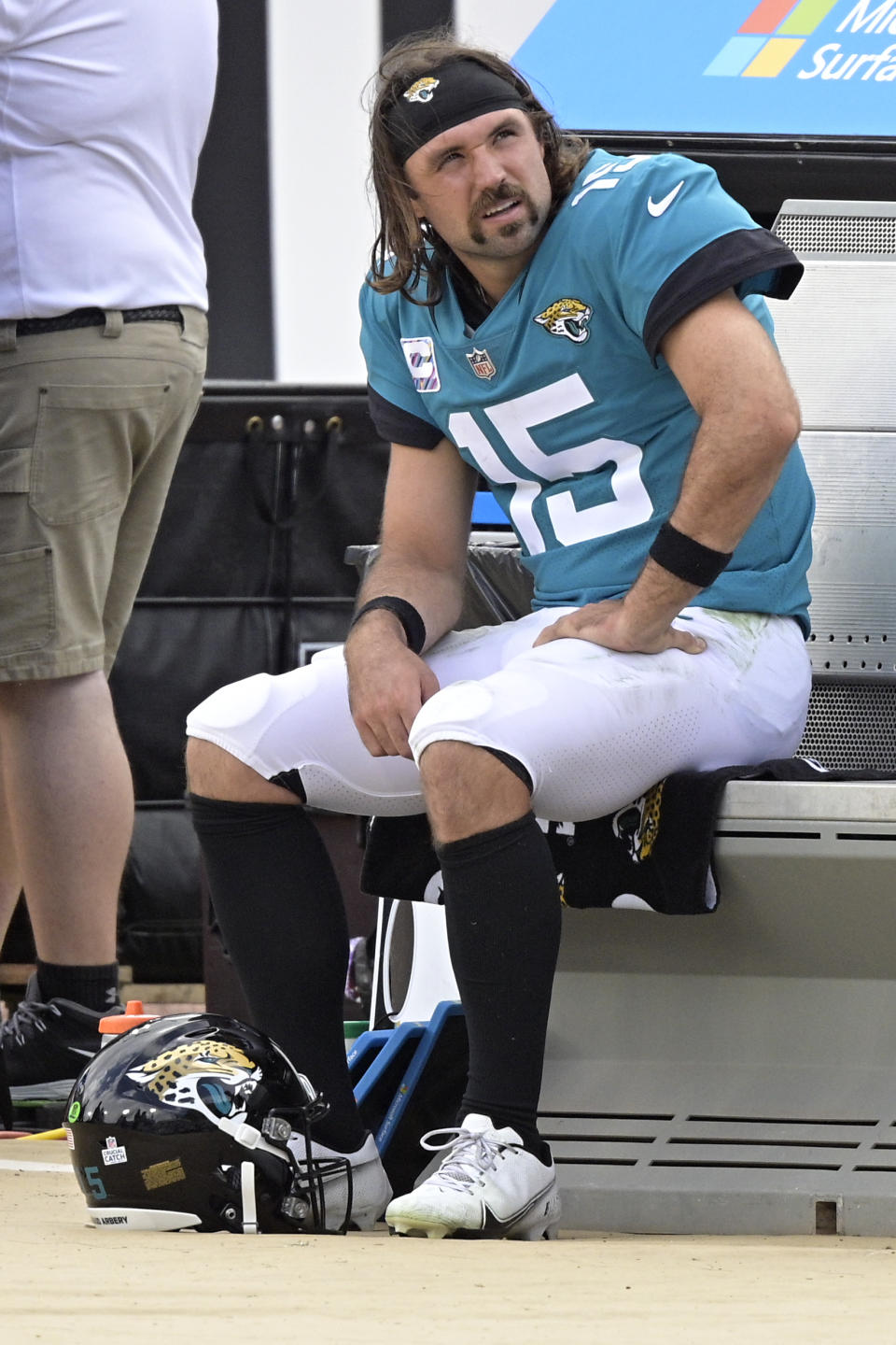 Jacksonville Jaguars quarterback Gardner Minshew II looks up at the video monitor scoreboard during the second half of an NFL football game against the Detroit Lions, Sunday, Oct. 18, 2020, in Jacksonville, Fla. (AP Photo/Phelan M. Ebenhack)