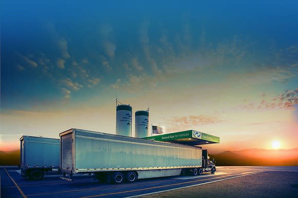 Sunrise as two trucks refuel at Clean Energy Fuels station.