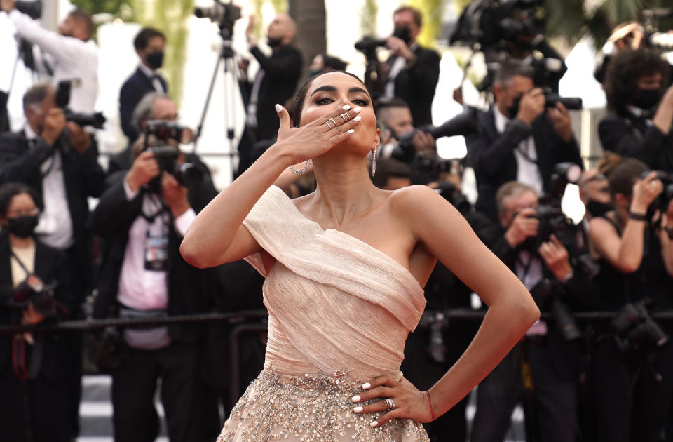 Diipa Khosla poses for photographers upon arrival at the premiere of the film 'Everything Went Fine' at the 74th international film festival, Cannes, southern France, Wednesday, July 7, 2021. (AP Photo/Brynn Anderson)