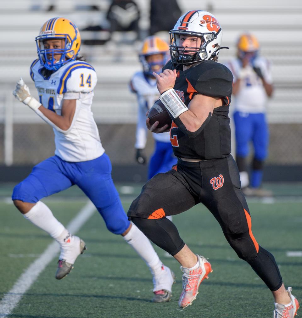 Washington's Kainon McQueary gets some room to run against Crete-Monee in the second half of their Class 6A second-round playoff game Saturday, Nov. 4, 2023 in Washington. The Panthers advanced with a 21-0 win.