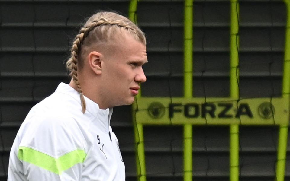 Manchester City's Norwegian striker Erling Haaland attends a team training session at Manchester City training ground in Manchester - Getty Images/Paul Ellis