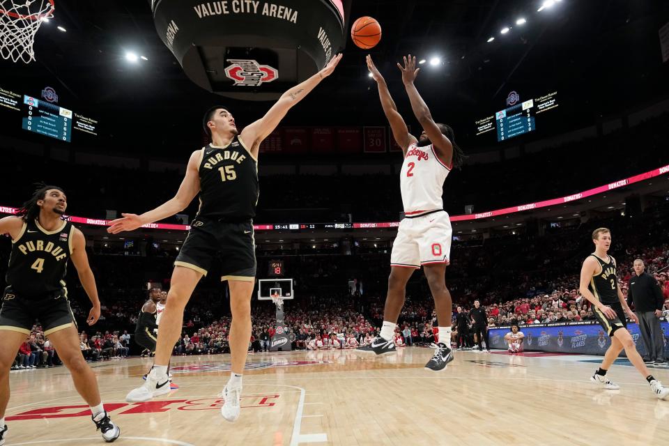 Ohio State guard Bruce Thornton shoots over Purdue center Zach Edey on Sunday.