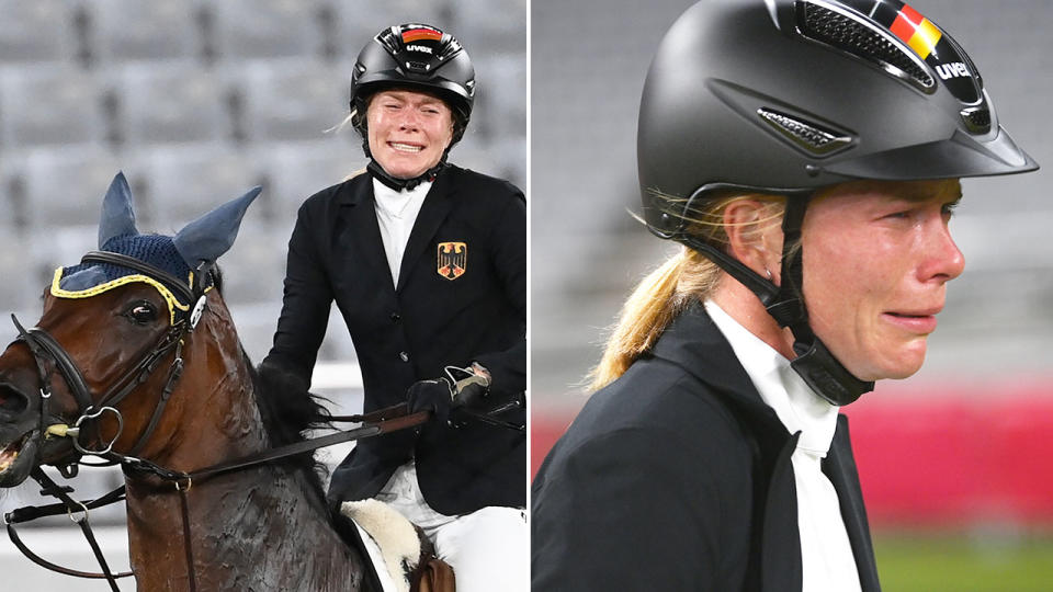 Pictured here, a distraught Annika Schleu at the Olympics after her horse Saint Boy refused to jump several times in competition.