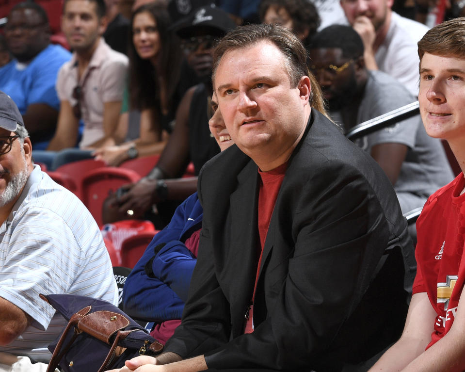 Houston Rockets general manager Daryl Morey watches intently. (Getty)