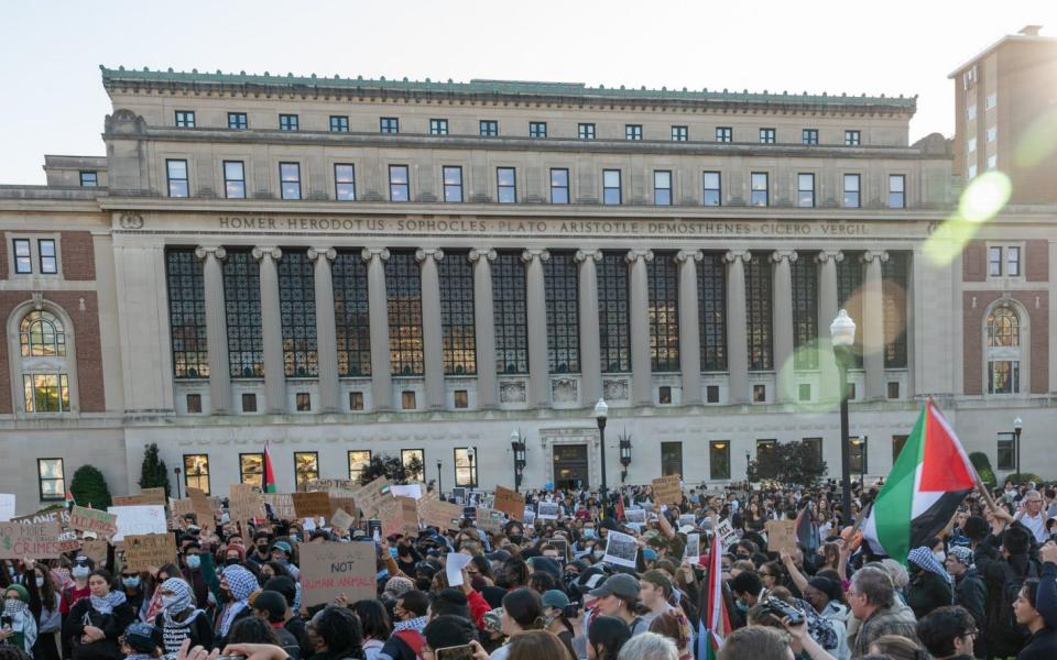 Columbia students participate in a rally in support of Palestine at the university