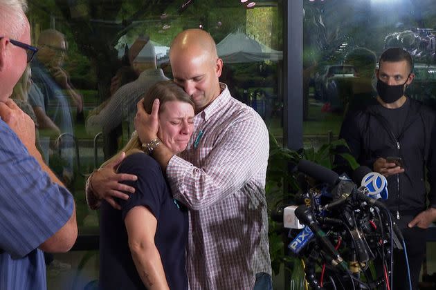 A tearful Nichole Schmidt, the mother of Gabby Petito, is comforted by her husband, Jim Schmidt, during a news conference last year. (Photo: Associated Press)