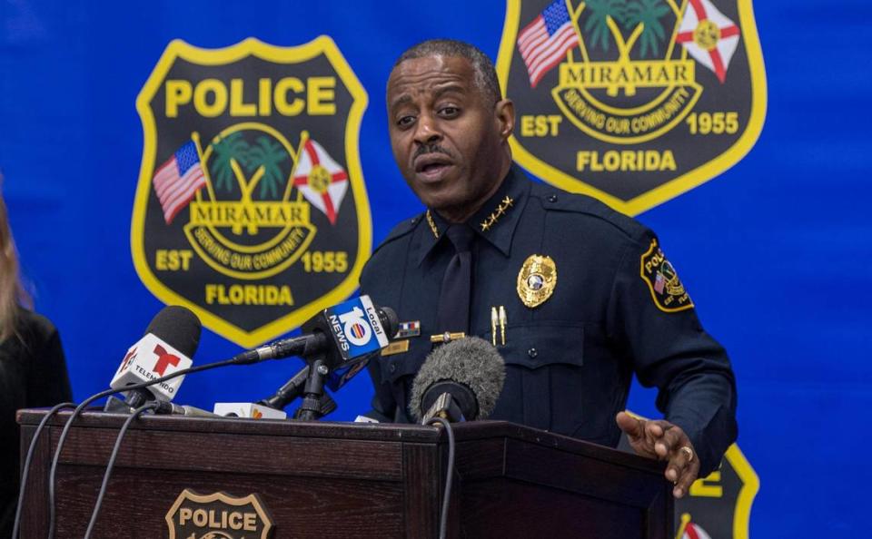 Miramar Police Chief Delrish Moss speaks during a press conference where new developments were announced in the murder of William “Billy” Halpern, who was brutally killed in his home 37 years ago, on Wednesday, January 17, 2024. Pedro Portal/pportal@miamiherald.com