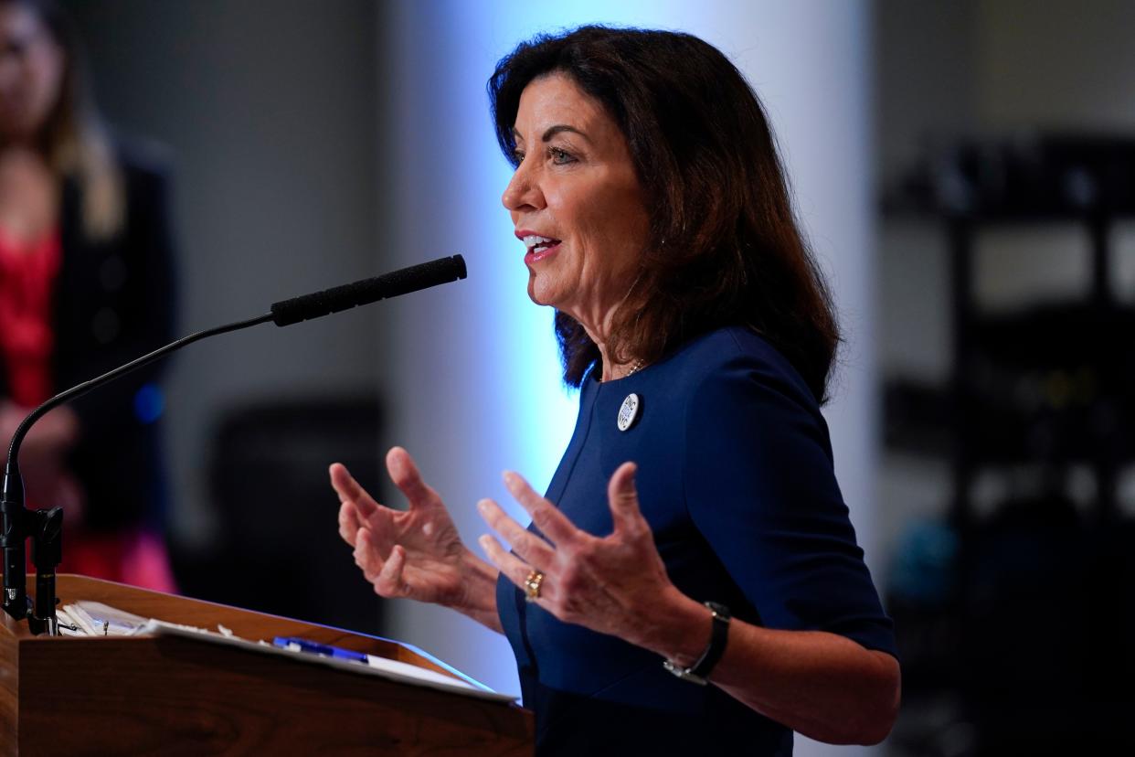 New York Governor Kathy Hochul speaks during a news conference in New York, Thursday, July 21, 2022. Hochul and other officials met with Democratic party representatives as part of city's bid to host the 2024 Democratic National Convention. 