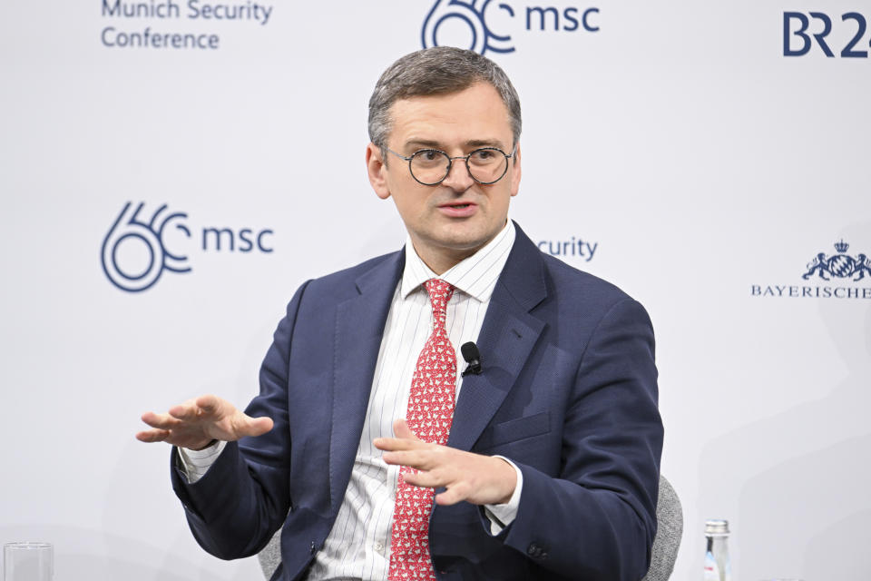 Dmytro Kuleba, Foreign Minister of Ukraine, speaks during a panel at the Munich Security Conference at the Bayerischer Hof Hotel in Munich, Germany, Saturday, Feb. 17, 2024. The 60th Munich Security Conference (MSC) is taking place from Feb. 16 to Feb. 18, 2024. (Tobias Hase/dpa via AP)