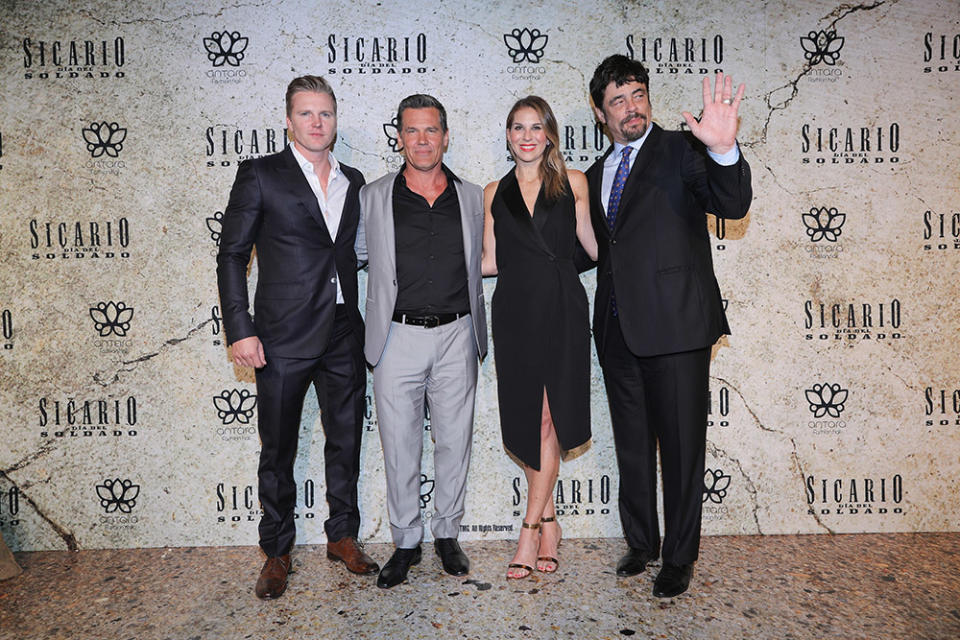 (L-R) Producer Trent Luckinbill, Josh Brolin, producer Molly Smith and Benicio Del Toro attend the "Sicario: Day of the Soldado" Mexico City premier at Antara Polanco on June 11, 2018 in Mexico City, Mexico.