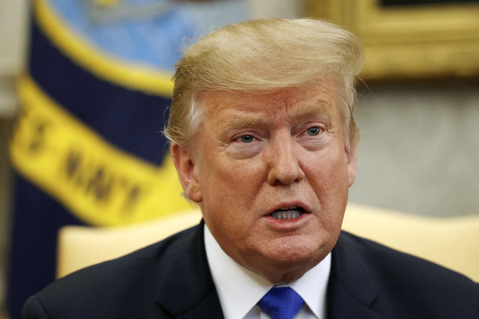 In this March 6, 2019, photo, President Donald Trump speaks in the Oval Office of the White House in Washington. The federal budget deficit is ballooning on Trump’s watch and few in Washington seem to care. And the political dynamics that enabled bipartisan deficit-cutting deals decades ago has disappeared. That’s the reality that will greet Trump’s latest budget, which probably will promptly be shelved after it’s received by Congress on Monday. (AP Photo/Jacquelyn Martin)