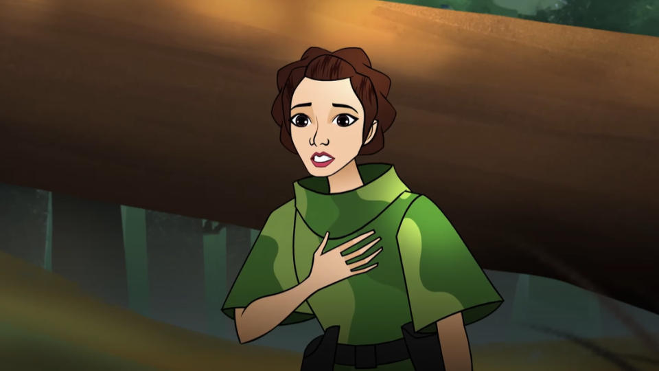 Princess Leia from Star Wars in cartoon form, wearing her iconic hairstyle and a green poncho, looking concerned
