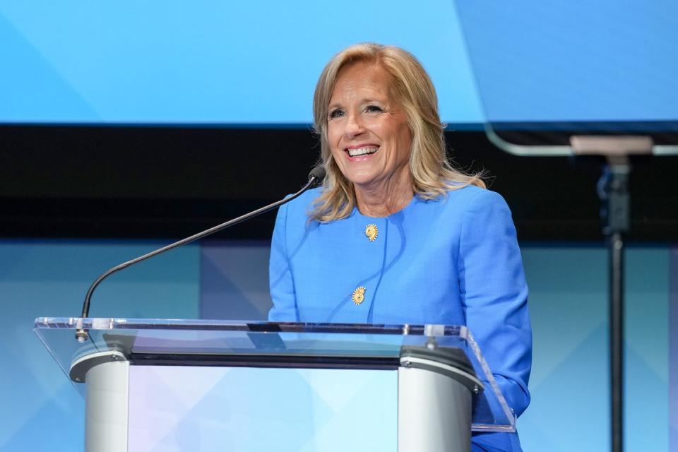 new york, new york may 15 dr jill biden speaks onstage during the womens health hosts inaugural health lab at hearst tower on may 15, 2024 in new york city photo by ilya s savenokgetty images for hearst