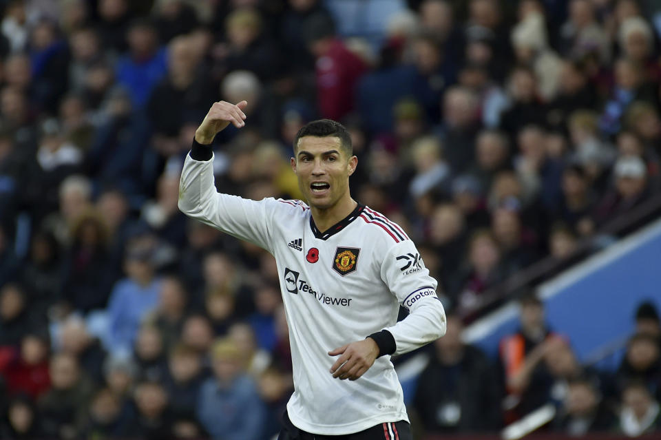 Manchester United's Cristiano Ronaldo gestures during the English Premier League soccer match between Aston Villa and Manchester United at Villa Park in Birmingham, England, Sunday, Nov. 6, 2022. (AP Photo/Rui Vieira)