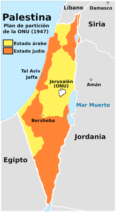 Plan de la partición del territorio de Palestina por la ONU, en 1947. <a href="https://commons.wikimedia.org/wiki/File:UN_Partition_Plan_For_Palestine_1947-es.svg?uselang=es" rel="nofollow noopener" target="_blank" data-ylk="slk:Rowanwindwhistler/Wikimedia Commons;elm:context_link;itc:0;sec:content-canvas" class="link ">Rowanwindwhistler/Wikimedia Commons</a>, <a href="http://creativecommons.org/licenses/by-sa/4.0/" rel="nofollow noopener" target="_blank" data-ylk="slk:CC BY-SA;elm:context_link;itc:0;sec:content-canvas" class="link ">CC BY-SA</a>