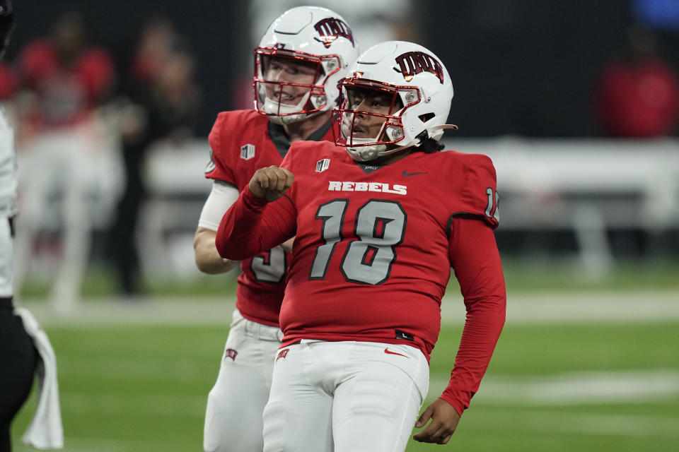 UNLV place kicker Jose Pizano (18) reacts after kicking a field goal against Vanderbilt during the second half of an NCAA college football game Saturday, Sept. 16, 2023, in Las Vegas. (AP Photo/John Locher)