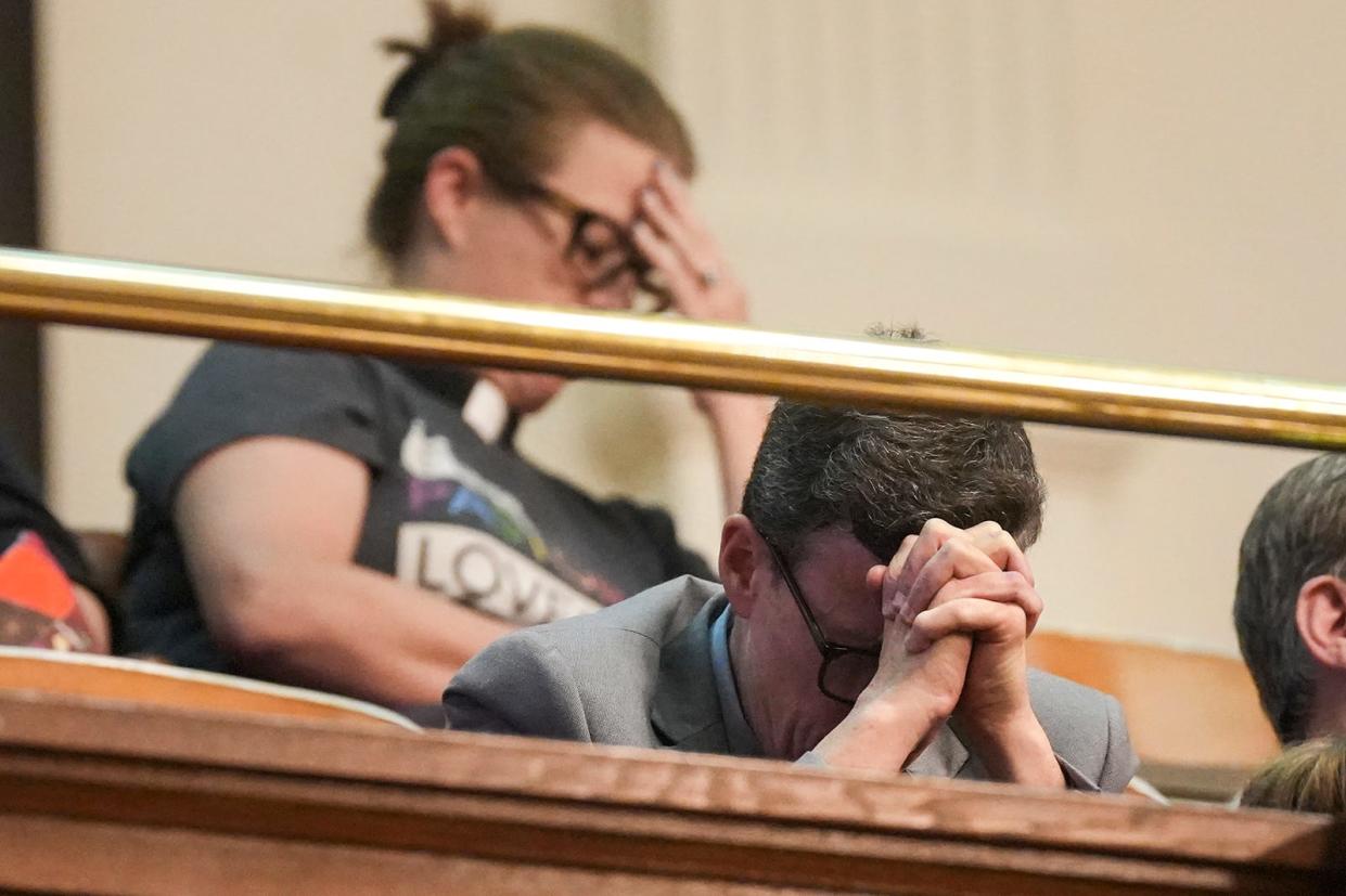 LGBTQ activist Morgan Davis reacts before Senate Bill 14 is voted on in the Texas House of Representatives Friday, May 12, 2023. SB14 would ban gender-affirming medical care for transgender children.