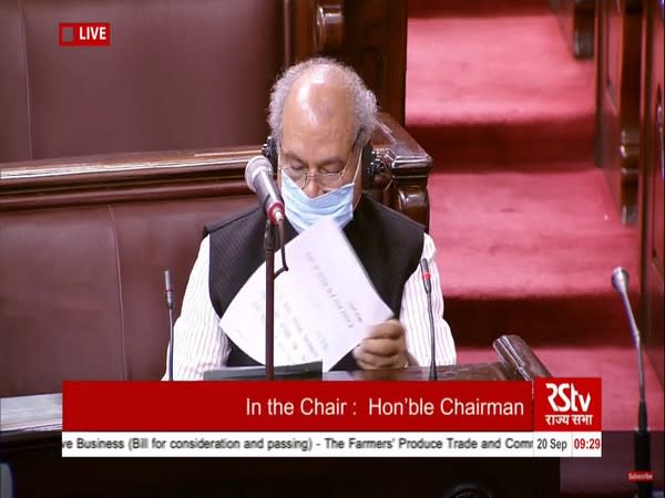 Union Minister of Agriculture and Farmer Welfare Narendra Singh Tomar in Rajya Sabha on Sunday. 