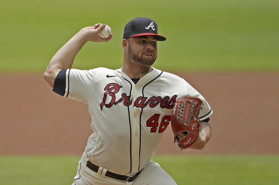 Atlanta Braves pitcher Bryse Wilson works against the St. Louis Cardinals in the first inning of the first baseball game of a doubleheader Sunday, June 20, 2021, in Atlanta. (AP Photo/Ben Margot)