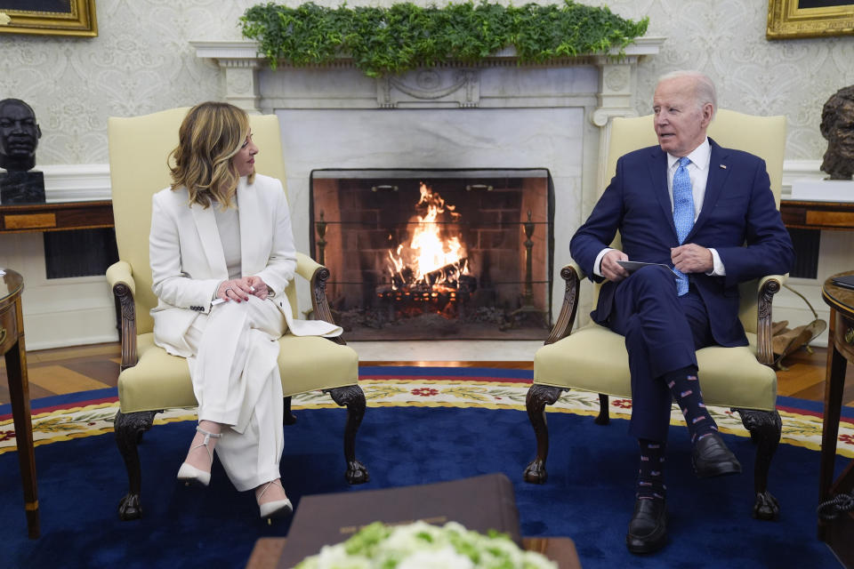 President Joe Biden meets Italian Prime Minister Giorgia Meloni in the Oval Office of the White House, Friday, March 1, 2024, in Washington. (AP Photo/Evan Vucci)