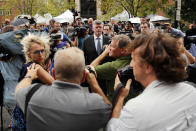 <p>Kevin Downing, a member of the defense team for Paul Manafort, is surrounded by members of the media after Manafort, the longtime political operative who for months led Donald Trump’s winning presidential campaign, was found guilty of eight financial crimes in the first trial victory of the special counsel investigation into the president’s associates in Alexandria, Va., Tuesday, Aug. 21, 2018. (Photo: Pablo Martinez Monsivais/AP) </p>