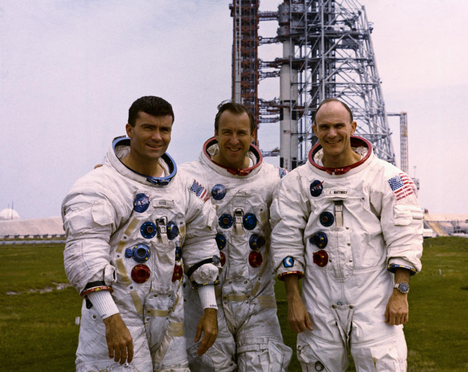 The original Apollo 13 crew, from left to right: Fred Haise, Jim Lovell and Ken Mattingly. Mattingly could not go on the mission, which narrowly avoided tragedy when its spacecraft malfunctioned and had to return to Earth without landing on the moon. / Credit: Bettmann / Getty Images
