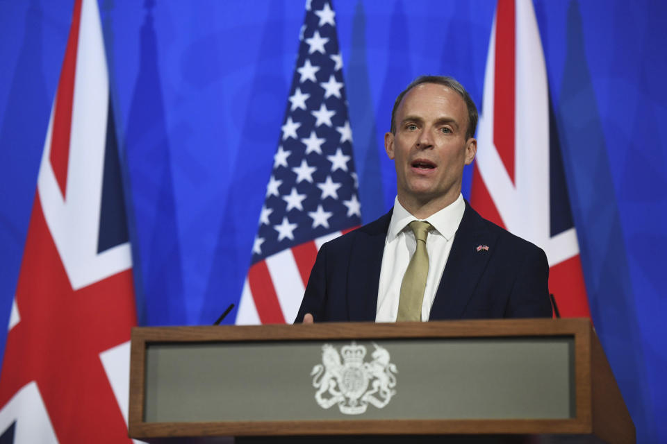 Britain's Foreign Secretary Dominic Raab speaks during a joint press conference with US Secretary of State Antony Blinken, not pictured, at Downing Street in London, Monday, May 3, 2021. (Chris J Ratcliffe/Pool Photo via AP)