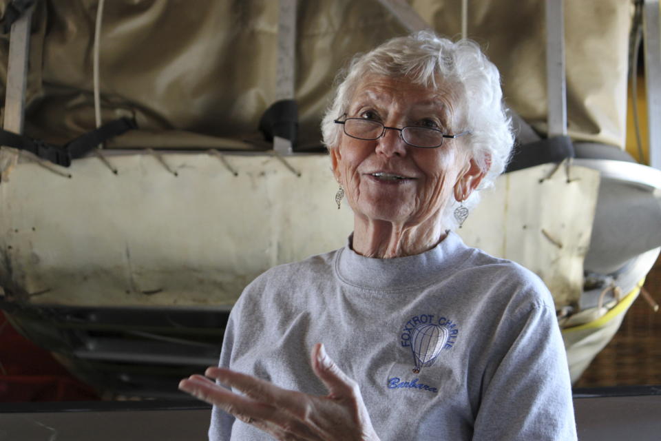 Pilot Barbara Fricke describes a gas balloon flight, during an interview Sept. 21, 2023, in Albuquerque, N.M. It's been 15 years since the world's elite gas balloon pilots have gathered in the United States for the Coupe Gordon Bennett, a long-distance race whose roots stretch back more than a century. Fricke and her husband, Peter Cuneo, will participate in the 2023 Gordon Bennett competition. The flight window opens Saturday, Oct. 7. (AP Photo/Susan Montoya Bryan)